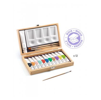 Дървена кутия с 12 цвята гваш боя в туби за рисуване - Djeco