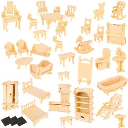 Комплект дървени мебели за кукли и куклена къща - 34 мебели, 175 части - Kruzzel