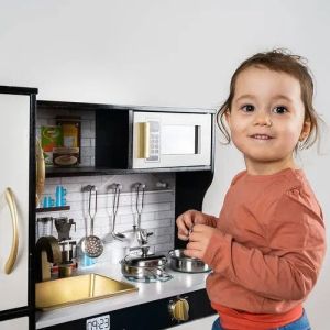 Модерна дървена кухня за игра със звуци, светлина и аксесоари - черна - Kruzzel