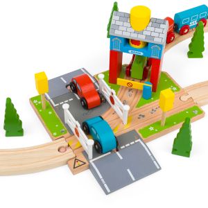Bigjigs - Влаков комплект - Сигнална кутия с бариери и светофари 