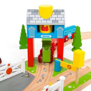 Bigjigs - Влаков комплект - Сигнална кутия с бариери и светофари 